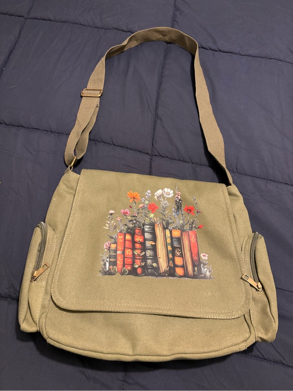 Olive Green Floral Book Print Crossbody Messenger Bag